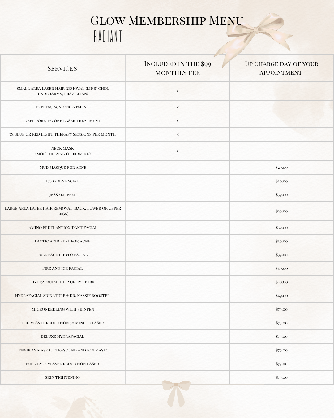 Glow Membership Menu menu